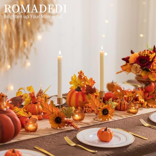Fall Candle Holder Set of 4 - Gold Thanksgiving Decor with Sunflower & Maple Leaves