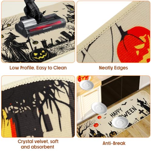 Halloween Kitchen Rugs Set of 2 - Spooky Witch Pumpkin Bat Doormat Non-Slip Entrance Mats