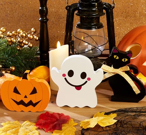 Halloween Wooden Centerpiece Sign Set - Ghost Pumpkin Cat - Indoor Decor