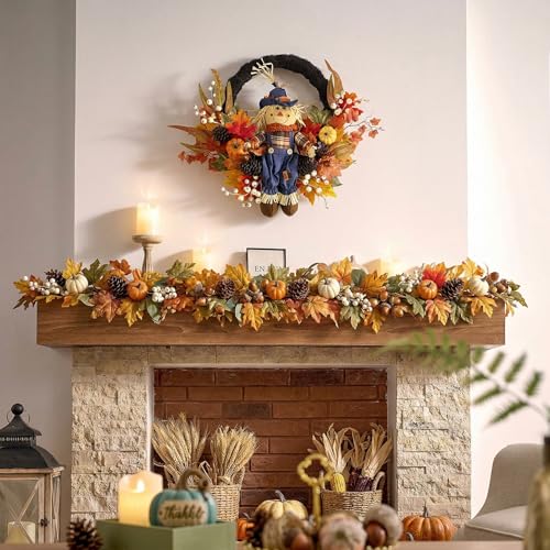 24-Inch Collapsible Fall Wreath with LED Lights for Front Door