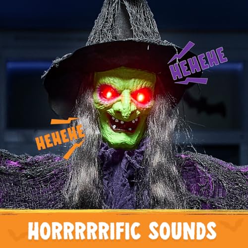 Spellbound Witch Hanging Halloween Decor - 72 Inch Green Face Light-Up Ghost with Sound Activation