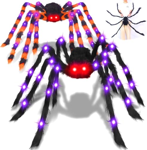 Outdoor Halloween Giant Spider Decorations 2 Pack - Orange and Black Light-Up Spiders with 8 Lighting Modes