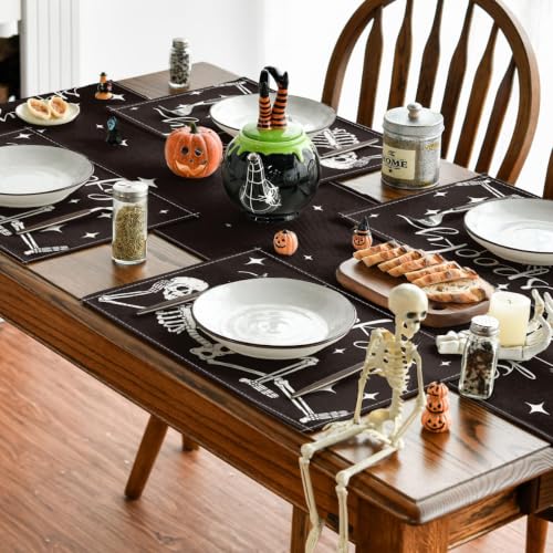 Halloween Skeleton Placemats Set of 4 12x18 Inch Table Mats for Party Dining Decor - Black & Beige