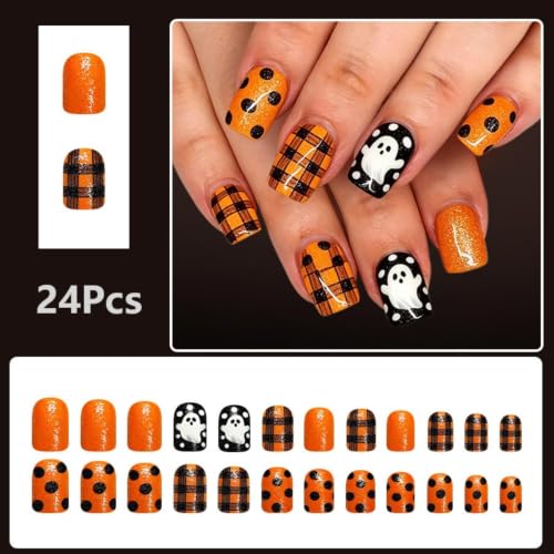 Halloween Short Square Press-On Nails with Orange Plaid & Ghost Design - Variation Hall16