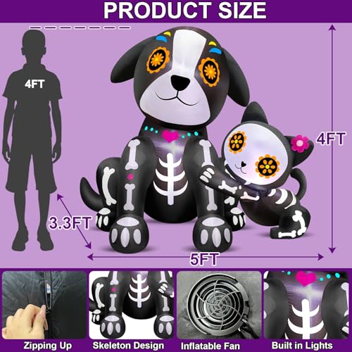 5 Ft Day of the Dead Inflatable Decor with LED Lights for Halloween & Yard