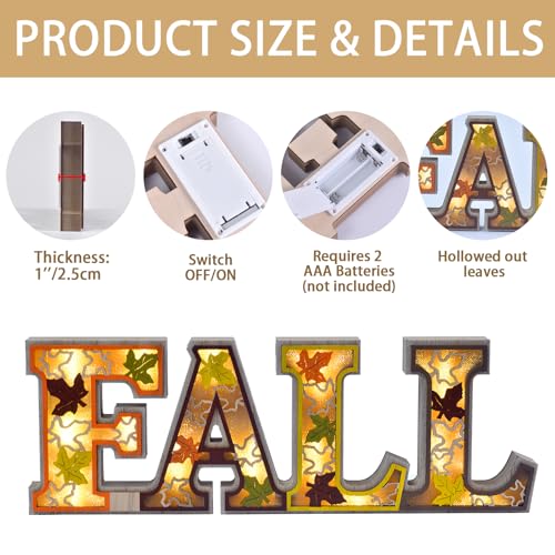 Lighted Fall Table Decor Sign - Rustic Wooden Thanksgiving Centerpiece with 3D LED Maple Leaves - Orange-Grey