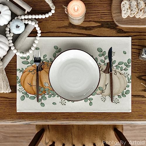 Rectangular Fall Placemats Set of 4 - 12x18 Inch Orange Pumpkins & Eucalyptus Leaves