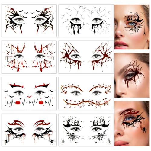Halloween Eye Makeup Tattoos - Scary Face Design, 8 Sheets