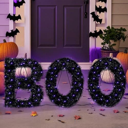 Outdoor Halloween Boo Sign Set with Purple LED Lights - Black & Purple, 3 Pieces