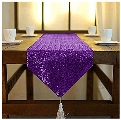 Purple Sequin Table Runner with Tassel - 12x72 Inch for Wedding & Event Decor (Purple)