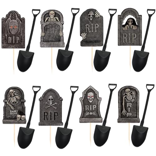 Halloween Tombstone Cupcake Toppers with Mini Shovel Spoons - 48 Pieces