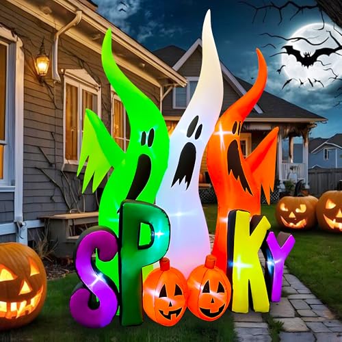 8FT Halloween Inflatable Ghosts with Spooky Pumpkin Yard Decor, Built-in LED Lights
