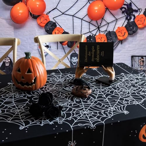 Rectangular Halloween Tablecloth 60x84 Inch Waterproof Pumpkin & Spider Web Design - Washable Party Decor