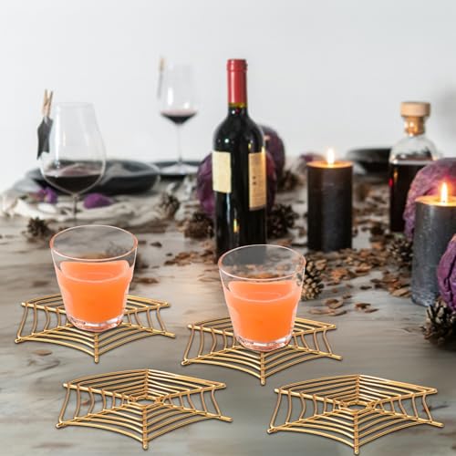 Halloween Coasters Set - Metal Spider Web Brass Drink Mats, 4 Pack