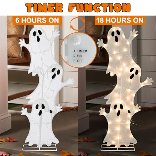 Ghost Halloween Lighted Decoration - 3 Stacked Ghosts with Warm White Lights - Indoor Outdoor Yard Porch - Variation of Ghost