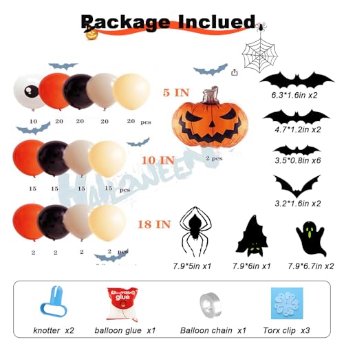 Halloween Balloon Arch Kit 164pcs with 3D Bat Spider Ghost Stickers - Orange Apricot Balloons & Decal