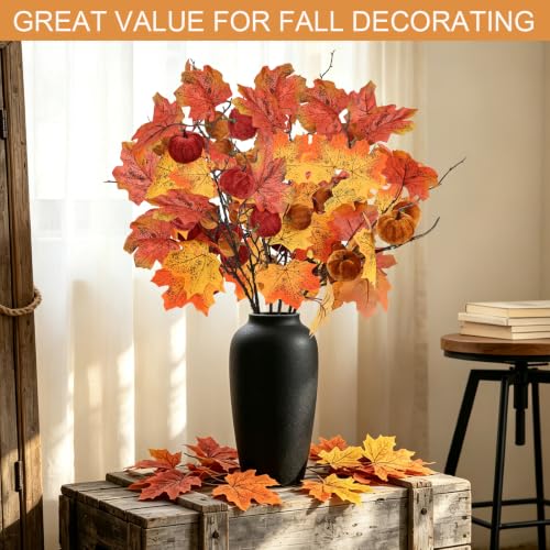 Fall Artificial Maple Leaves and Pumpkin Stem Set - 6 Pieces for Decor