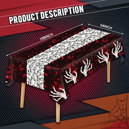 Halloween Tablecloth 54x108 Inch Spooky Gothic Skeleton & Blood Design Set