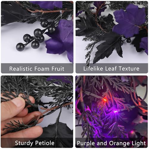 Halloween Maple Leaf Garland with Purple Orange LED Lights 5.9 ft - Fall Decorations