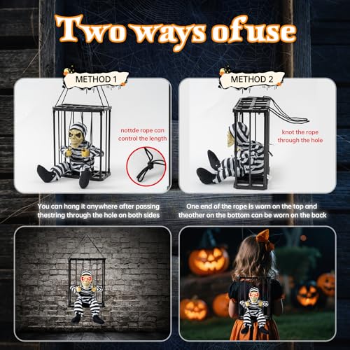 Scary Skeleton Cage Halloween Decor with Motion Sensor, Haunted House Prop