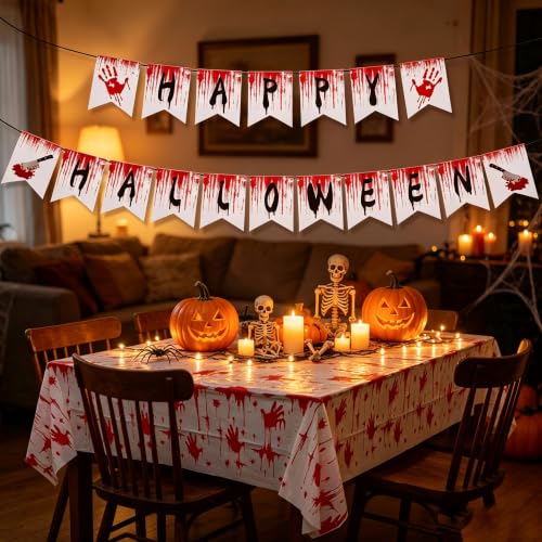 Halloween Bloody Handprint Party Tablecloth & Flag Set - Horror Theme