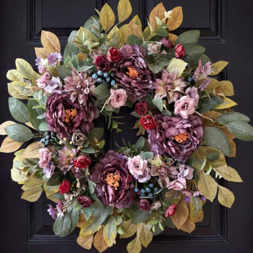 Purple Fall Wreath for Front Door - 24 Inch Autumn Decoration, Handcrafted with Flowers & Berries