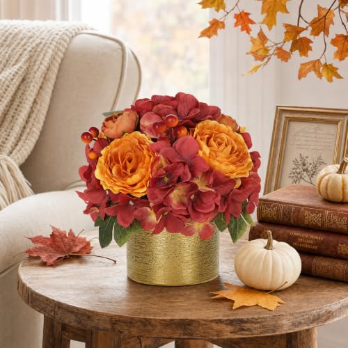 Artificial Fall Rose Hydrangeas with Golden Pot - Autumn Home Decor, Realistic Faux Flowers, Table Centerpiece