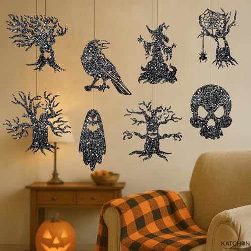 Spooky Black Glitter Halloween Garland Pack of 10 - Hanging Decorations