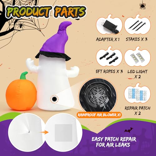 Halloween Inflatable Ghost with Pumpkin Yard Decoration - 5.5FT, LED Lights, Easy Setup - Variation of Ghost Pumpkin