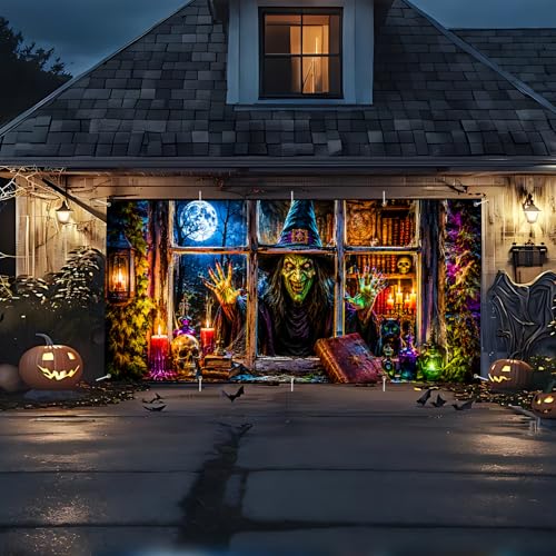 Halloween Garage Door Banner Cover - Spooky Witch & Black Cat Wall Mural - 7x16 FT - Variation 247