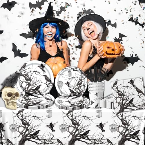 Halloween Party Decorations Set - 142PCS Gothic Crow & Tree Silhouette Tableware & Banner