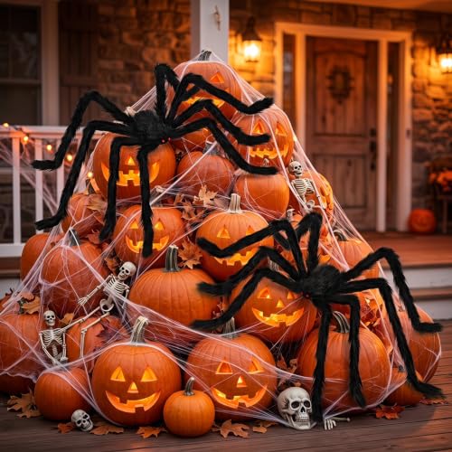 2PCS 78-Inch Black Giant Spider Halloween Decorations - Scary Outdoor & Indoor Props