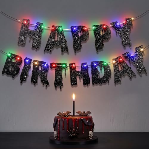 Halloween Gothic Birthday Banner with LED Lights - Black Glitter Celebration Decor