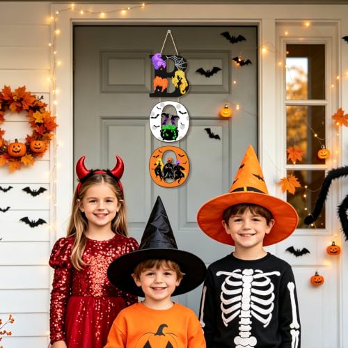 Halloween Wooden Door Sign Decorations - Spooky Witch Sisters, Bat & Cauldron Wall Plaque Set