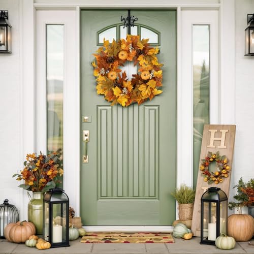 Orange Fall Wreath with Lights for Front Door - Autumn Decor, Berries & Pine Cones