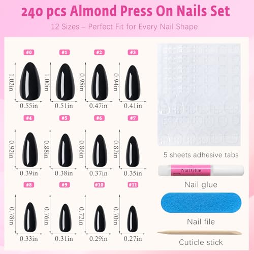 Black Almond Press On Nails Kit - 240pcs Medium Fake Nails with Glue & Adhesive Tabs