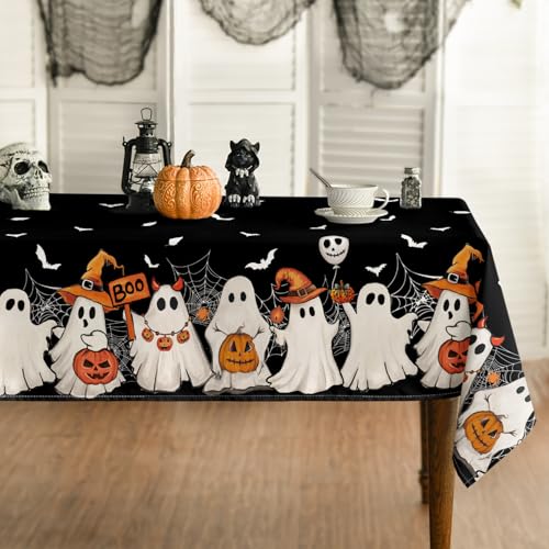 Horaldaily Halloween Tablecloth 52 x 70 Inch Rectangular Black Bat & Ghost