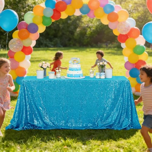 Turquoise Sequin Tablecloth 50x80 Inch for Weddings & Events - Sparkly Party Decor