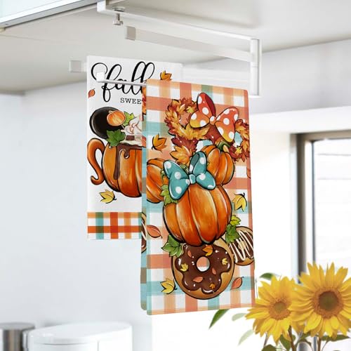 Fall Pumpkin Kitchen Dish Towels Set of 2 - Autumn Farmhouse Decor