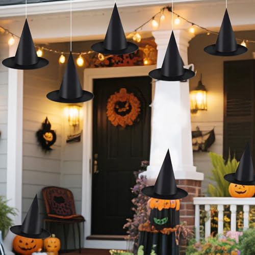 Halloween Witch Hats Hanging Decor Set with Bats & Spiders – Indoor & Outdoor Party Decorations