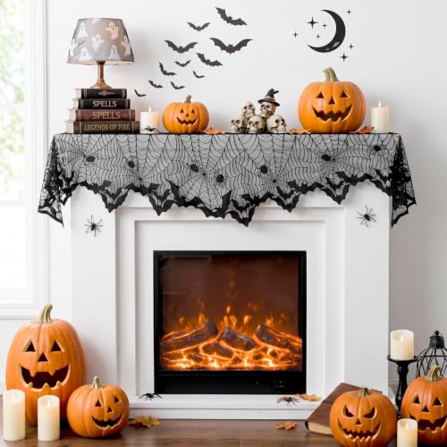 Halloween Cobweb Mantel Scarf Cover with Bat Design - Black 4, 18x96 in