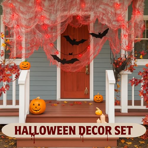 Halloween Hanging Bat Decorations with LED Lights and Creepy Cloth - Red, 24 pcs