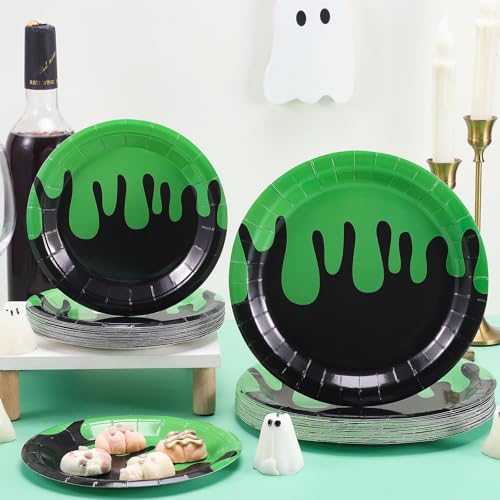 Halloween Ghost Paper Plates Set - Green & Black Party Dinnerware, 48 Pieces