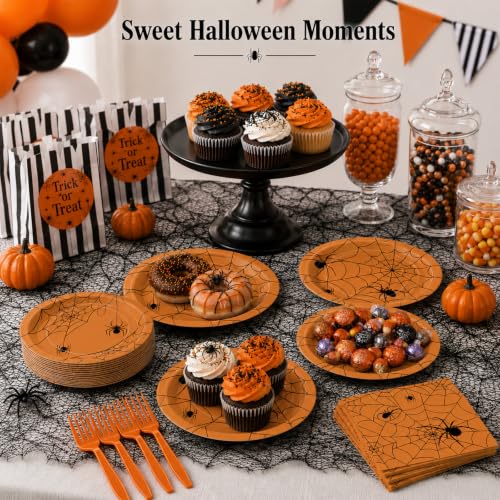 Orange Halloween Spider Web Paper Plates Napkins Party Set - 100 Pcs