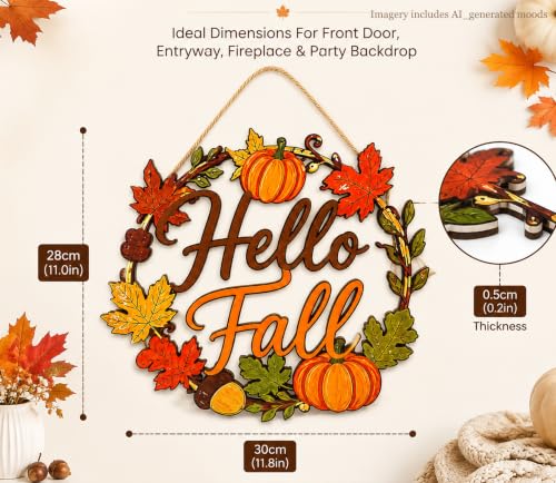 Wooden Hello Fall Door Sign - Rustic Autumn Wreath Wall Hanging - Single-Sided