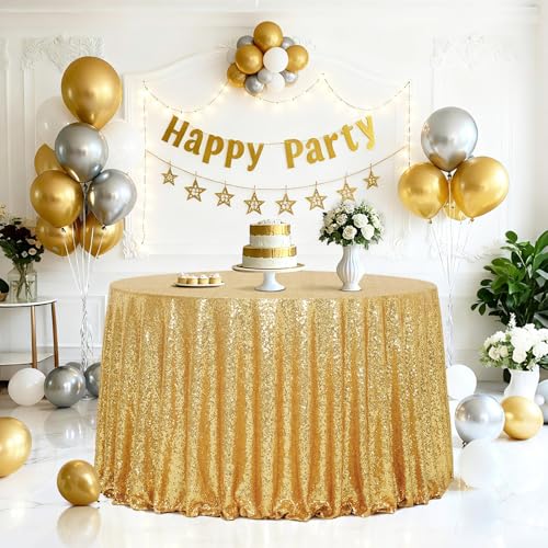 Amber Gold Sequin Round Tablecloth 120 Inch Sparkly Overlay for Weddings & Parties