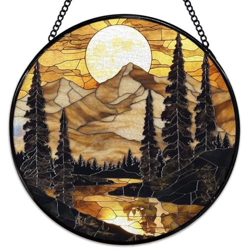 Mountain Sunset Suncatcher - Rustic Stained Glass Window Art - Variation Color13