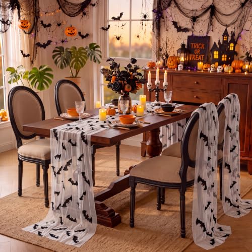 Halloween Bat Table Runner 3 Pack 10ft Gauze Table Decor for Parties - Black & White, Bat Variation