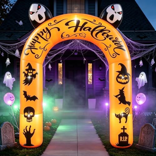 Halloween Inflatable Archway 9FT Tall with Ghost, Pumpkin, Witch & LED Lights - Outdoor Yard Decor
