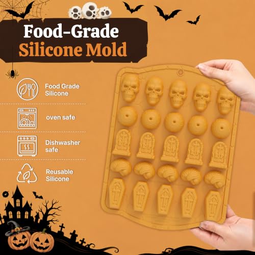 25 Cavities Halloween Skull Silicone Mold - 3D Eyeball, Tombstone, Brain, Coffin